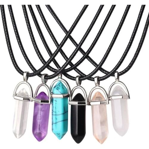 Cute Girls Hexagonal Column Natural Stone Opal Choker Necklace Women Leather Chain Crystal Pendant Necklace Female Jewelry Gift