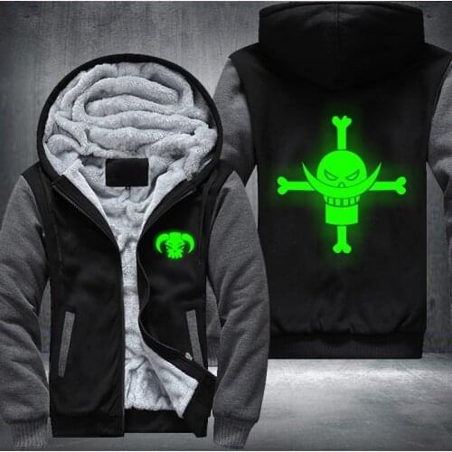 USA size Anime One Piece Edward Newgate Cosplay Luminous green Printing Pattern Thicken Fleece Hoodie Coat