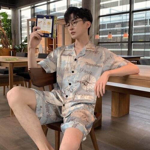 Luxury Men Pajamas Ice silk Short sleeve Sleepwear High Quality Shorts Cartoons Pajamas Sets Home wear lapel letter Men Pajamas