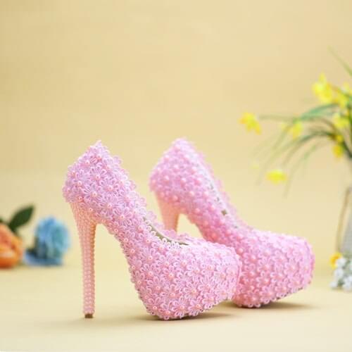 Girls Pink Shoes Lace Flowers Pearls Hand Made Personal Custom Color Wedding Pumps For Women Size 9 Evening Party High Heels