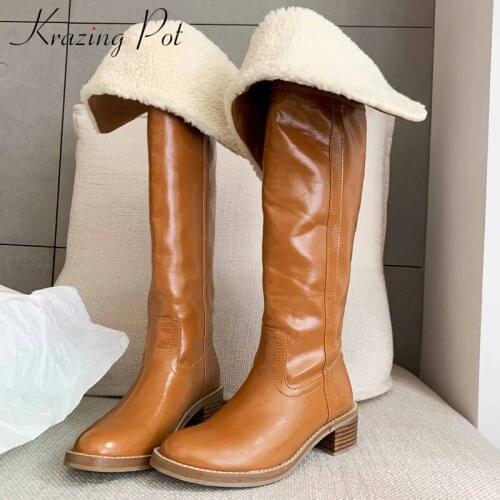 Krazing Pot riding snow boots cow leather classic colors round toe high heel slip on winter warm fashion over-the-knee boots L50