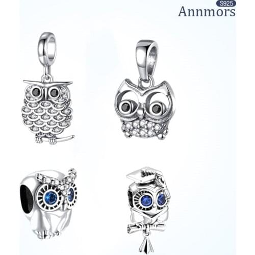 Owl Zircon 925 Silver Sterling Charms Lovely Animal Pendant DIY Jewelry Bracelet Necklaces for Women Girl Fits Pandora Make Gift
