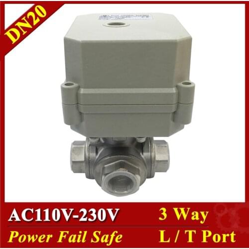 Tsai Fan Stainless Steel 3/4" DN20 T / L Port 3 Way Power Fail Safe Valve 2/5 Wires AC110V 220V Electric Motorized Valve