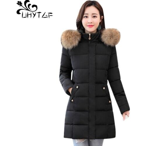 UHYTGF parker women 4XL plus size jacket quality deer feather down jacket winter coat women hooded thick cold warm outerwear1055