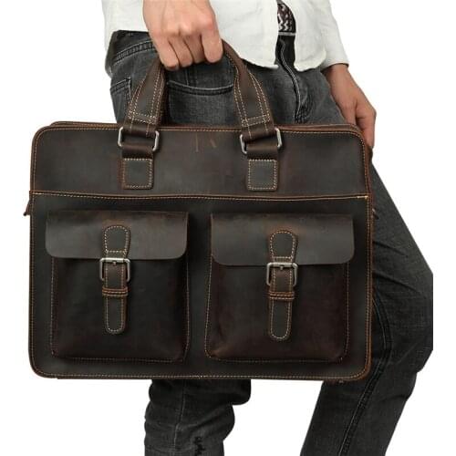 Nesitu Vintage Brown Durable Thick Crazy Horse Genuine Leather Men Briefcase Portfolio 14'' Laptop Mens Messenger Bags M6380
