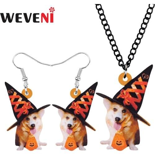 WEVENI Acrylic Halloween Corgi Dog Jewelry Sets Long Print Lovely Pet Animal Earrings Necklace For Women Kids Girls Funny Gift