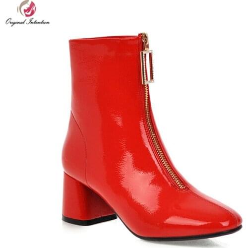 Original Intention Winter Boots Woman Zipper Patent Leather Boots Fashion Pointed Toe Square Heel Shoes Woman Plus Size 3-16