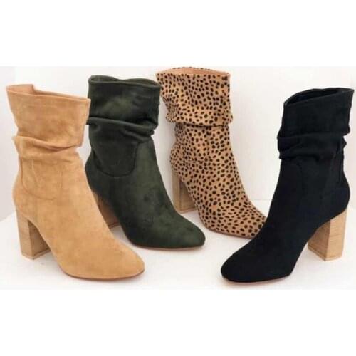 Women Leapard Mid Calf Boots Woman Pleated Suede Square High Heel Autumn Winter Female Shoe 2020 Ladies Casual Footwear Big Size