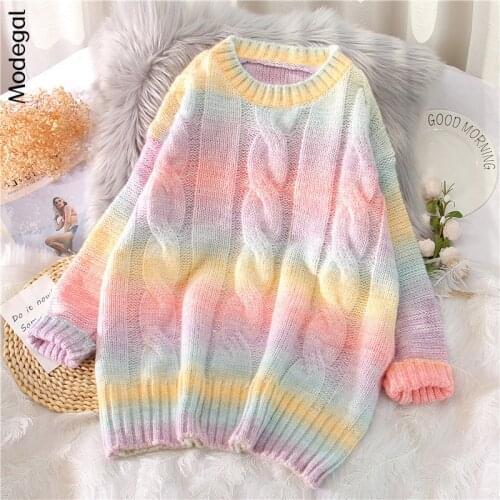 Modegal Womens Tie Dye Stripes Knitted Sweater Rainbow O-Neck Long Sleeve Loose Pullover Oversized Kawaii Jumper Autumn Winter