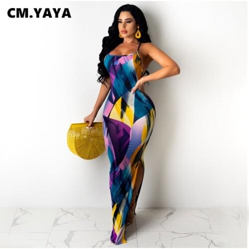 CM.YAYA Women Long Dress Tie Dye Print Spaghetti Strap Sheath Elastic Maxi Dresses Sexy Night Club Party Vestidos Summer Outfit