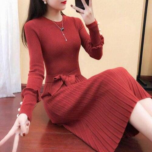 Sweater Dresses Spring Womens 2020 New Long Knitted Dress Women Long Sleeve O-Neck Bottom Pleated Mujer Vestidos Female Z990