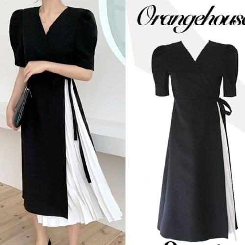 2021 summer vintage French elegant pleated dress women v-neck slim puff sleeve lace up stitching dress