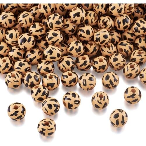 100pcs Leopard Printed Natural Wood Beads Dyed Round Wooden Loose Beads for jewelry making bracelet DIY Accessories 12.5x14x13mm