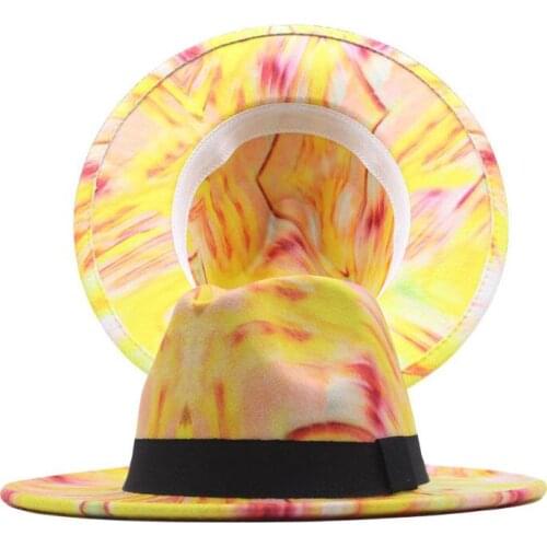 2021 New Fashion Double Side Tie Dye Wide Brim Wool Felt Jazz Fedoras Hats Gentleman Elegant Panama Trilby Caps Top Hat