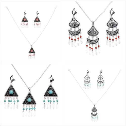 4 Styles Vintage Metal Green Red Beads Pendant Necklace Earrings Sets for Women Boho Turkish Charming Jewelry Set