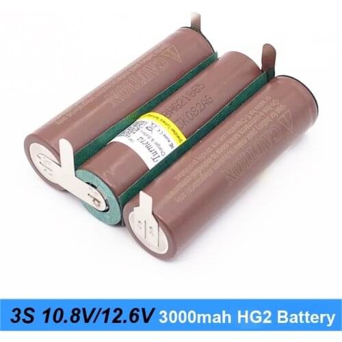 Battery 18650 hg2 3000mAh 20amps for 10.8v 12.6v screwdriver battery weld soldering strip 3S 3S2P 12.6v battery pack (customize)