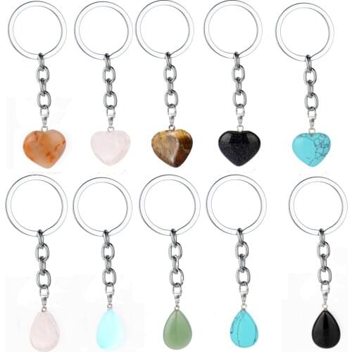 Natural Heart Stone Keychain Water Drop Stone Keyring Pendant Charm Crystal Women Men Love Gifts Jewelry Key Ring Trendy Fashion