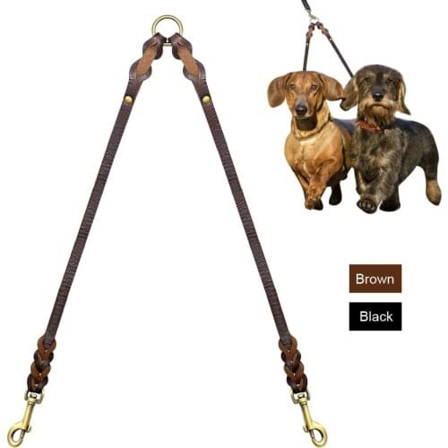 High Quality Pet Dog Braid Leash Genuine Leather Pet Double Leashes 2 Way Anti-rust Pets Walking Strap For 2 Dogs Black Brown