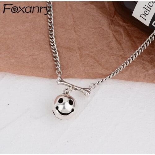 FOXANRY 925 Sterling Silver Necklace Girl Accessories Hip Hop Vintage Couples Simple Smiley Face Bell Thai Silver Party Jewelry