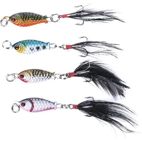 HENGJIA 10PCS/Lot 4 Colors 6.4G 2.5CM Mini Lead Fishing Bass Walleye Jigs Feather Hook Fishing Tackle