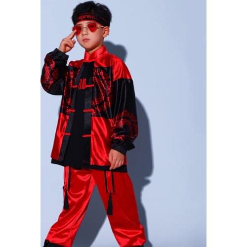 Chinese Style Boy Jazz Costume Children Hip Hop Street Dancewear Red Suit 110-170cm Height
