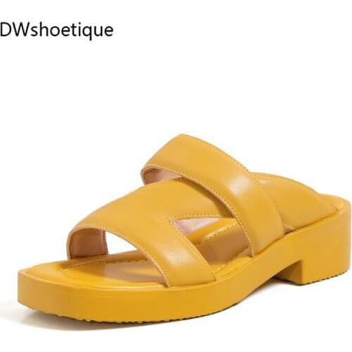 Summer genuine leather women slides chunky heel square toe women sandals