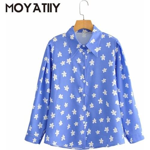 MOYATIIY Fashion Women 2021 New Shirts Flower Print Sweet Blue Blouse Shirts Turn Collar Casual Loose Female Tops Puff Sleeve