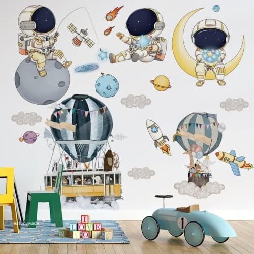 Cartoon Astronaut Wall Stickers for Kids rooms Nursery Wall Decor Space Dream Hot air balloon Wall Decals Vinyl Mural Home Decor