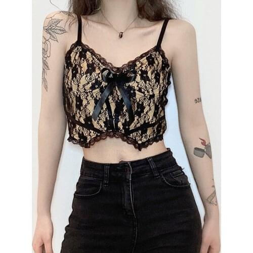 New Style Blouse Sexy Lace Stitching Bowknot Element Sling Exposed Umbilical Womens Clothing Black Top Sexy Streetwear