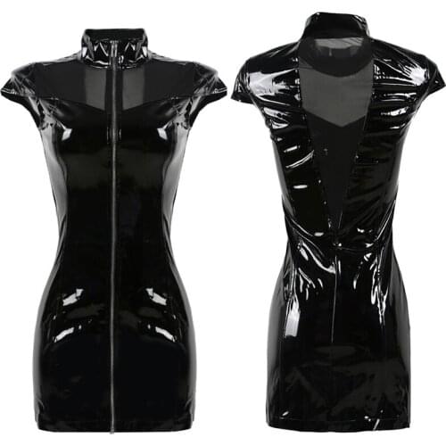 New Black Vinyl PVC Club Dress Gothic Summer Mesh Patchwork Faux Leather Punk Fetish Front Zipper Party Dresses Plus Size S-XXL