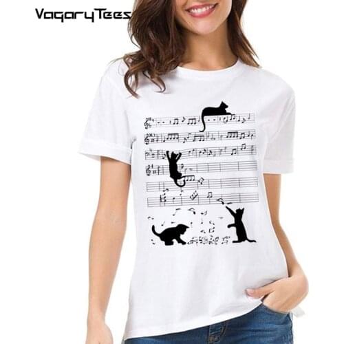 VagaryTees Creative Music Note Mischief Cats Gift Cat Lovers Kitten Black Cat Print T-Shirt Fashion Women Tshirt Casual Top Tees