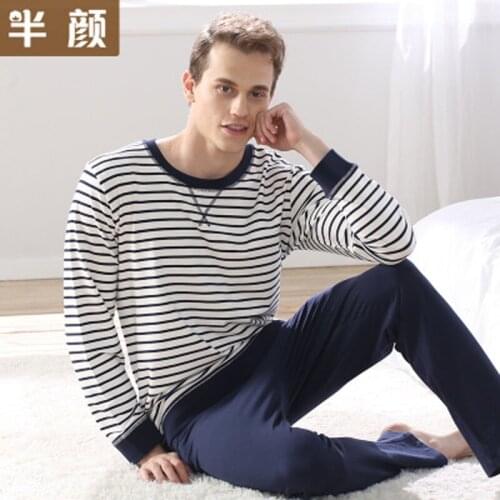 Mens Pajamas Spring Autumn Full Sleeve Sleepwear Cotton Strip Pajamas Men Lounge Pajama Sets O-Neck Mens Night Sleepwear