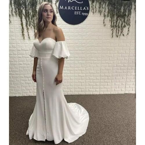 Simple Mernaid Wedding Dress Satin Sweep Train Puff Sleeve Short Bridal Dresses Unique Design Speical Backless Bride Gowns
