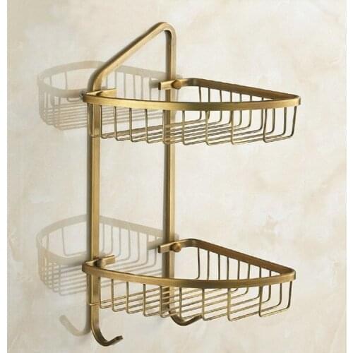 Vintage Retro Antique brass Wall Mounted Bathroom Dual Tier Corner Shower Shelf Storage Basket Bathroom Accessory mba046