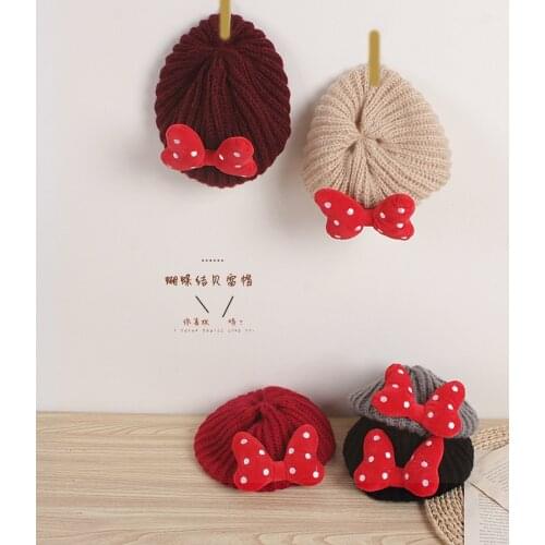 Baby Girl Knitted Beret Hat Cap Winter Warm Kids Hats Girls Cute Polka Dot Bow Woolen Crochet Child Girl Hat Painter Cap