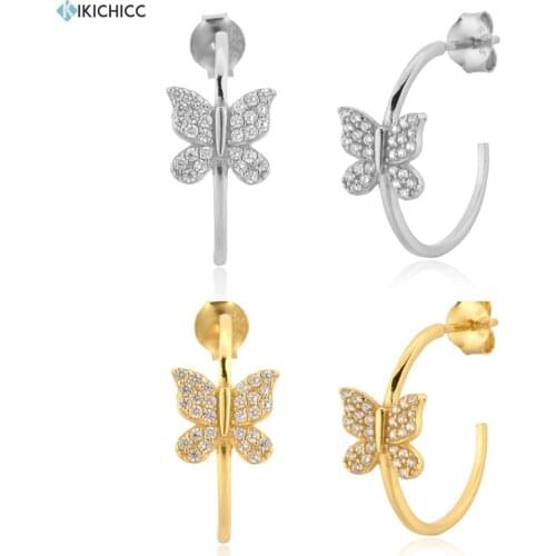 KIKICHICC 925 Sterling Silver Gold Spring Clear Butterfly Hoops 17mm Piercing Pendiente Clips Wedding Gift Rock Punk Loop Gift
