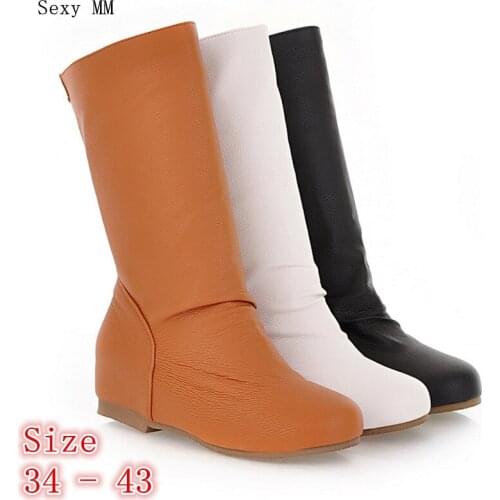 Spring Autumn Women Mid Calf Boots Booties Wedge Height Increasing Woman Short Boots botas Plus Size 34 - 40 41 42 43