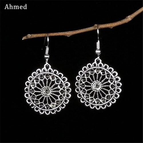 Ahmed Vintage Antique Hollow Flower Tibetan Silver Drop Earrings for Women New Ethnic Alloy Dangle Earring Dropshipping