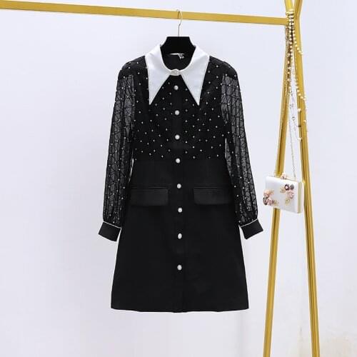 JSXDHK 2020 New Autumn Winter Dress Runway Women Pearl Button Embroidery Beading Shirt Collar Ladies Bodycon Slim A Line Dresses