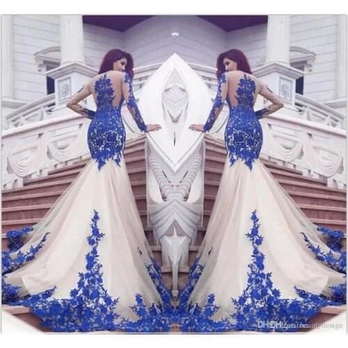 Long Sleeve Mermaid Evening women Dress Blue Lace Applique Formal Party Pageant Gown