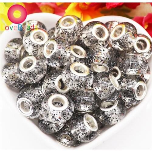 10Pcs Black Color Clear Glitter Big Hole Spacer Beads with Silver Plate Core Fit European Pandora Charms Bracelet Jewelry Making