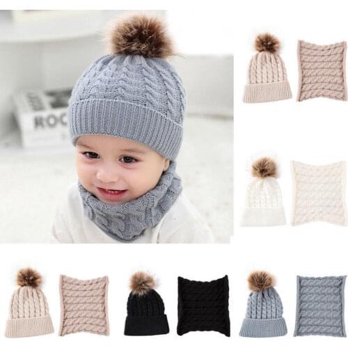 2Pcs 1-3T Newborn Baby Boy Girl Winter Warm Fur Pom Bobble Knit Beanie Hat Caps+Scarf New Fashion Accessories Sets ropa de bebe
