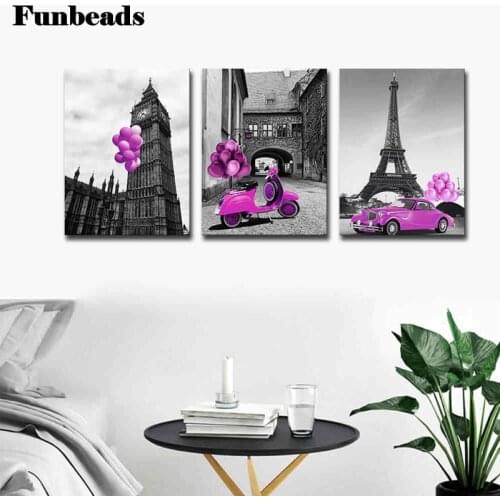 5D DIY, Pink car, Building, diamond cross stitch, diamond embroidery, Mosaic Home decor digital art FF347