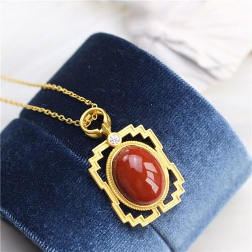 Antique Style Chinese Style Pendant S925 Sterling Silver Gilding Vintage Lace Natural Full of Meat South Red Egg Noodles Pendant