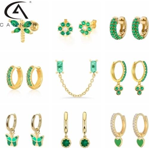 CANNER 925 Silver Green Rhinestone Series Hoop Earrings For Women Girls Green Zircon Heart Pendant Charm Circle Earrings Jewelry