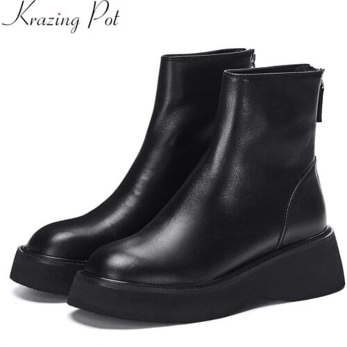 Krazing pot new high quality thick bottom genuine leather boots round toe high heels women fashion winter Zipper ankle boots L61