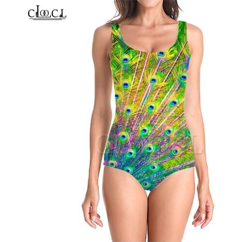 CLOOCL Colorful Peacock Feathers 3D Print Girls One-piece Swimsuit Bathing Suit Sleeveless Slim Sexy Fashion Womens Swimwear