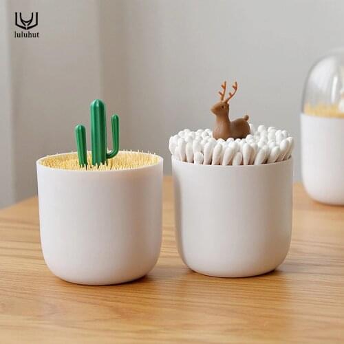 Luluhut creative toothpick holder for cotton wheels plastic cotton swab holder with cute cactus trees rabbit table accessories