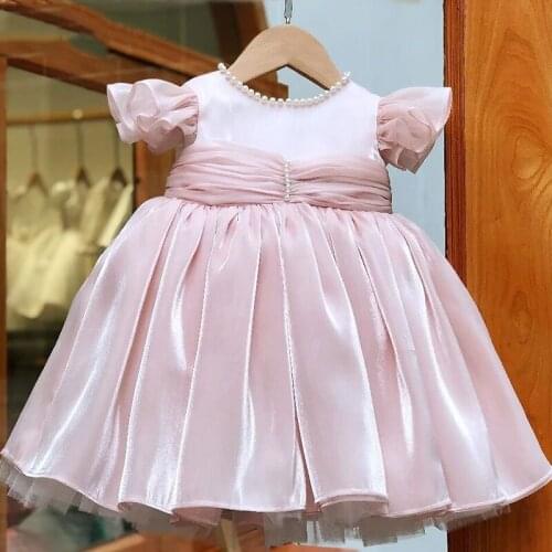 Children First Birthday Party Dresses For Baby Girls Princess Pink Gown Infant Wedding Vestidos Kids Pearl Bridesmaid Dress