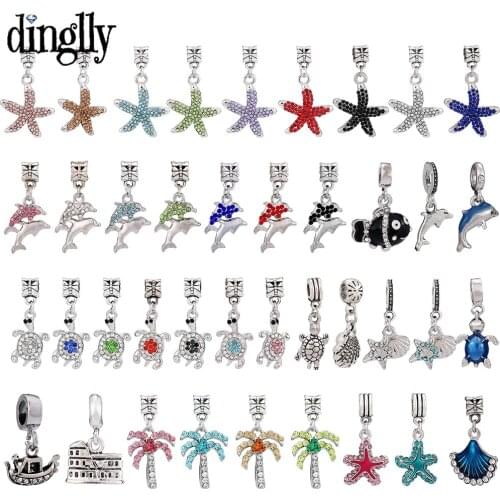 Dinglly Ocean Style Beads Starfish Dolphin Turtle Pendant Crystal Scallop Dangle Charm Fit Original Bracelets Jewelry Accessory